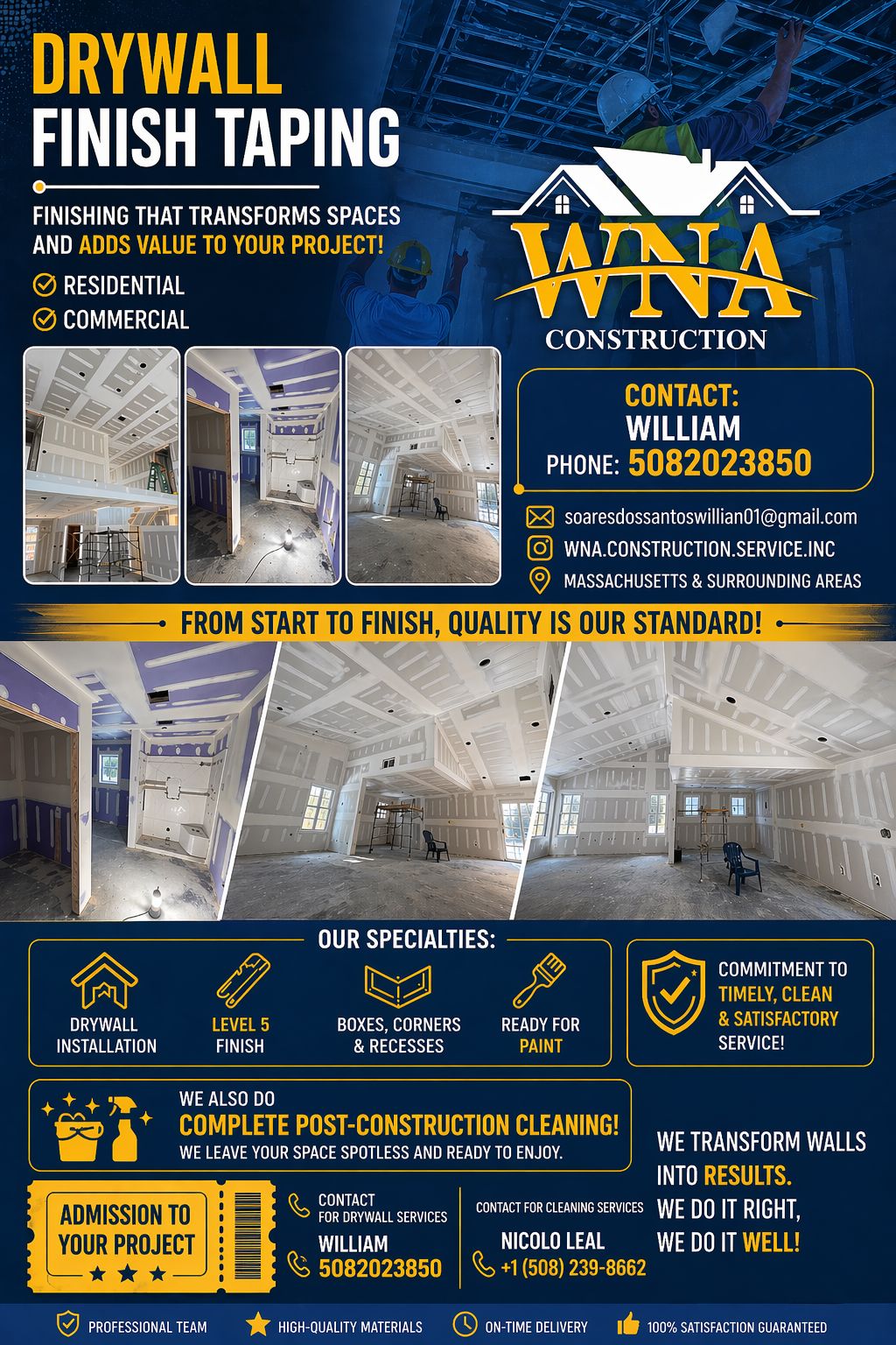 WNA Construction — Drywall Finish, Taping & Post-Construction Cleaning